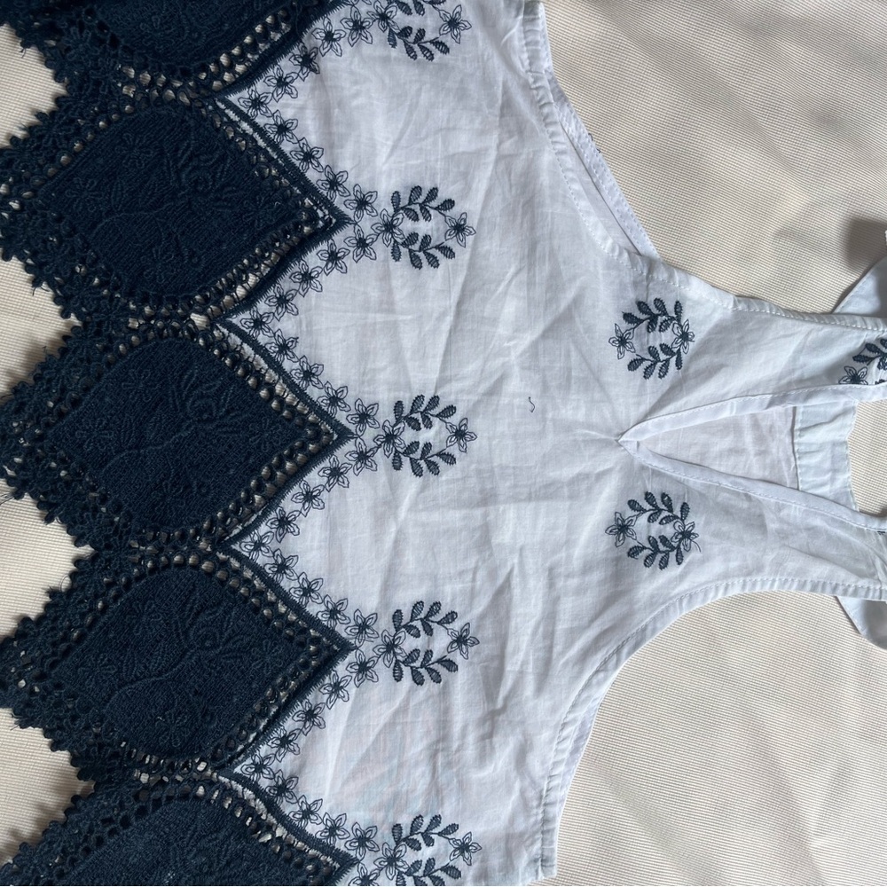 White and Navy Embroidered Sleeveless Top